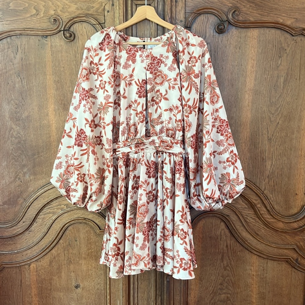 MISA Los Angeles Kara Mini Dress Falling Flora Flower Satin Balloon Sleeve - Picture 5 of 13